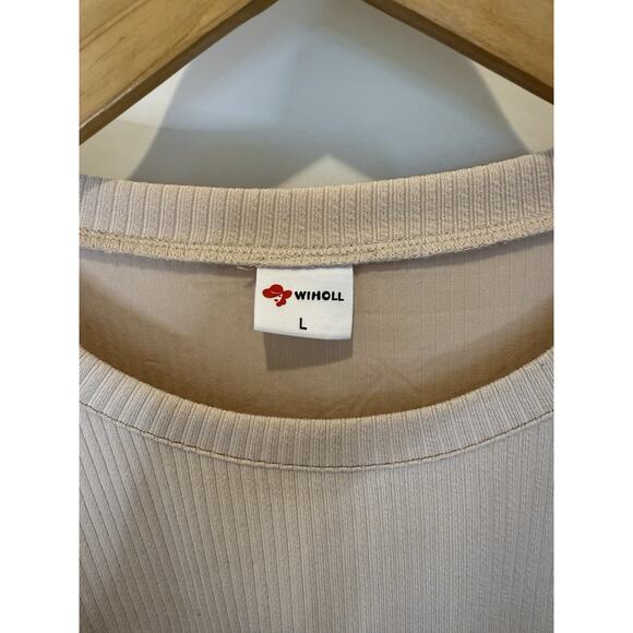 Wimoll Ribbed Colorblock Short Sleeve Top Women’s L Beige Pink Blue Stretch Knit - Picture 4 of 8